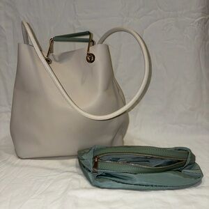Zara Cream Tote Bag with Green Pouch